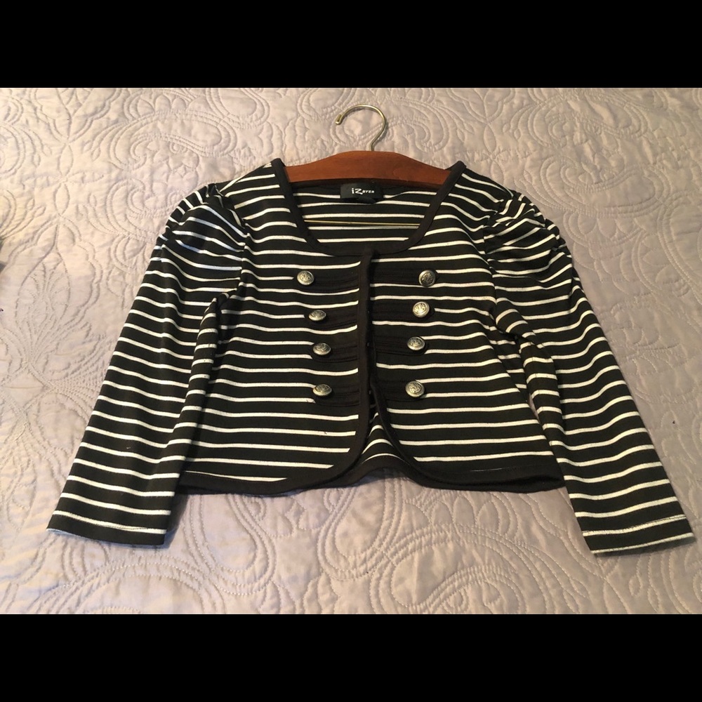 Iz Byer Black & White Stripped Shrug ruffled